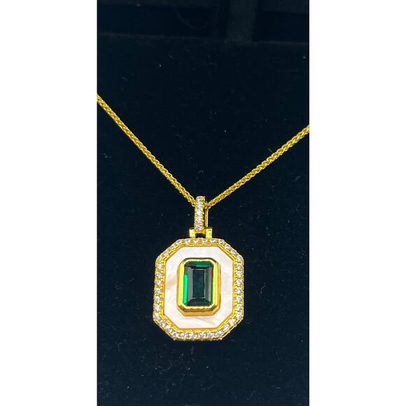 Emerald, Mother Of Pearl, and CZ Halo Pendant 18” 14k Gold/SS - Picture 3 of 7